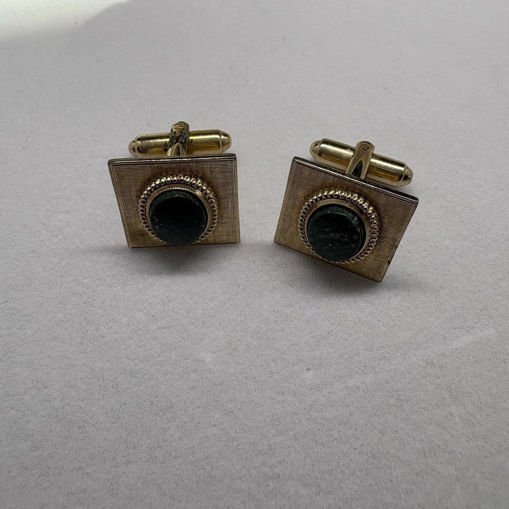 Vintage Gold With Green Rhinestone Cufflinks